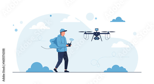 Modern Youth Controlling Drone in a Bright Cloudy Sky Environment