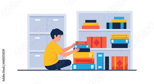 Student Arranging Bookshelves With Stack Of Colorful Volumes In Study Room