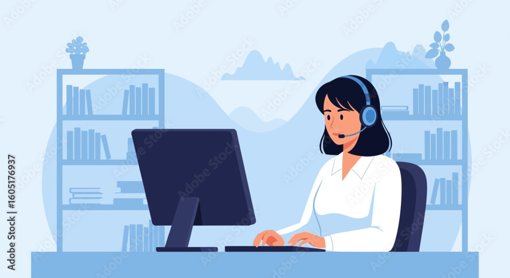 Professional Woman Working From Home With Headset At The Computer Desk Professional Woman Working From Home With Headset At The Computer Desk