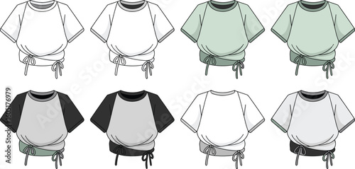 Minimalist T-Shirt Sketches: Front Views with Cinched Waist Details in Neutral and Two-Tone Designs