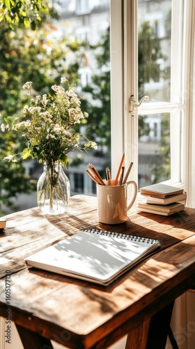 Creative Workspace With Sunlight Streaming Through Window and a View of Green...