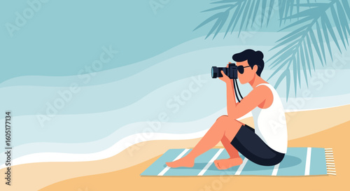 Photographer Capturing Scenic Beach View During Tropical Summer Vacation