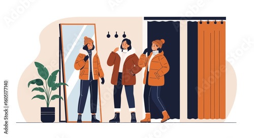 Stylish Girls In Boutique Trying Coats In Front Of A Mirror
