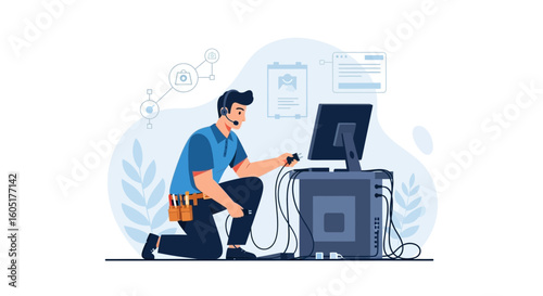 Qualified Technician Connects Computer Components For Setup Or Troubleshooting
