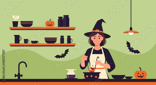 Whimsical Halloween Kitchen With A Charming Witch Preparing A Festive Potion