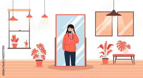 Stylish Interior Scene Woman Capturing Self Portrait Photo Using Camera in Mirror