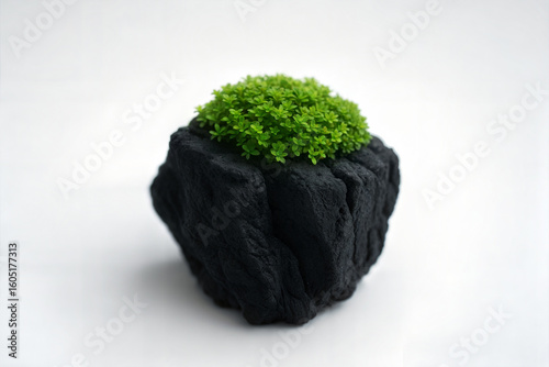 Small green plant in a dark textured pot isolated on white background