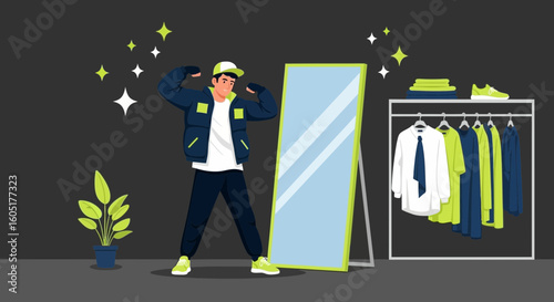 Stylish Man Trying Outfits in Front of Mirror at Home Fashion Concept
