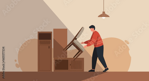 Moving Day Young Man Arranging Furniture In Newly Purchased Or Rented Home