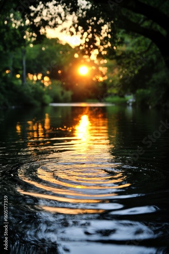 Sunset Reflections Create Beautiful Ripples in Calm Water Near Trees in the F...