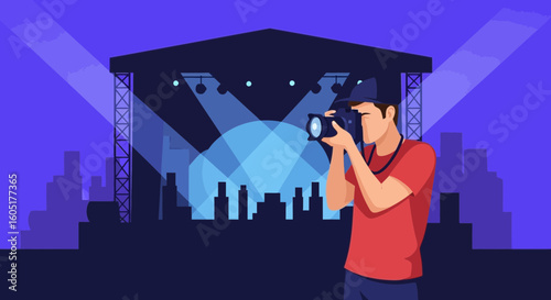 Photographer Capturing Stage Show With Modern Camera Equipment And Spotlight