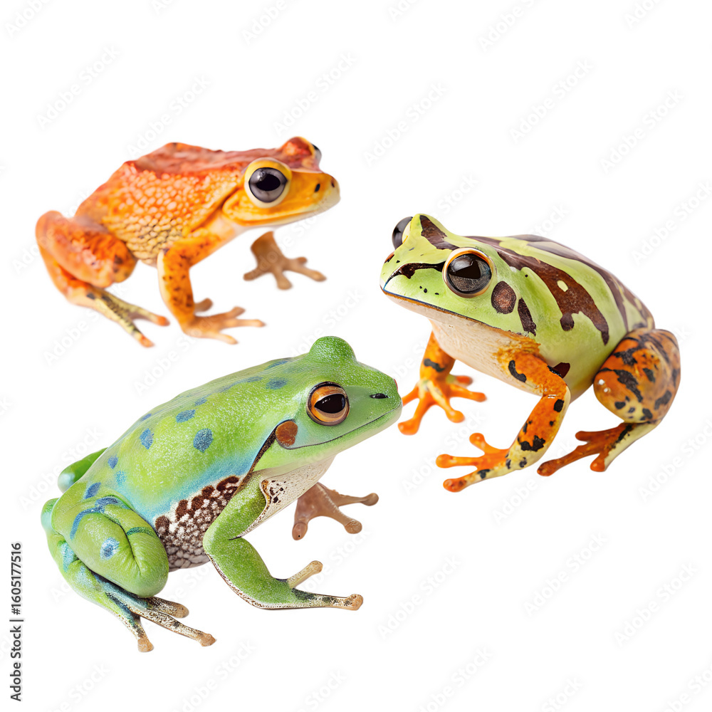 Naklejka premium Three colorful frogs on a black background. The frogs include a bright orange frog, a green frog with spots, and a striped green and yellow frog. They are positioned closely together.