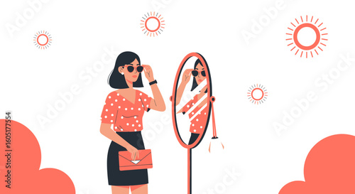 Stylish Woman Admiring Herself In Mirror Under A Sunny Sky Illustration