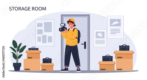 Photographer Capturing Storage Room Inventory For Business Archives Records