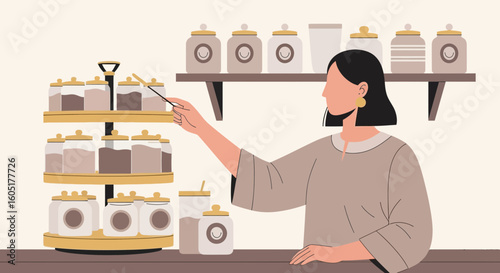 Stylish Woman Arranging Jars In a Modern Kitchen With Rotating Storage Unit