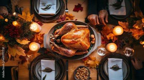 Festive Dinner Table Setting With Roasted Turkey and Seasonal Side Dishes in ...