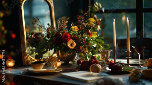 Elegant Autumn Dinner Setting With Flowers and Candles in Warm Ambiance