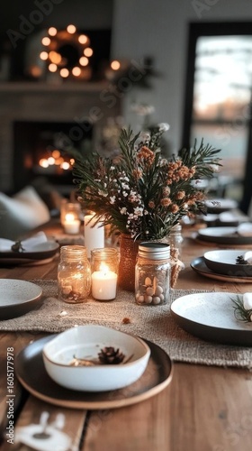 Elegant Dining Setup With Candles and Floral Arrangement for a Cozy Gathering...