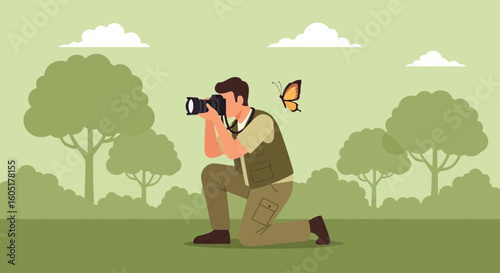 Wildlife Photographer Capturing a Butterfly Amidst Nature's Serene Greenery