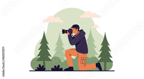 Photographer Capturing The Serene Beauty Of The Forest Illustration