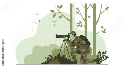 Wildlife Photographer Capturing Forest Birds With Professional Camera Setup Outdoors