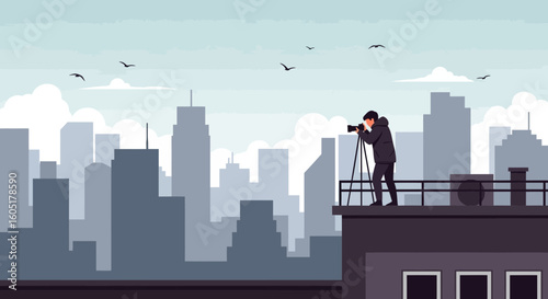 Photographer Capturing Urban Landscapes From a Rooftop Vantage Point in Silhouette
