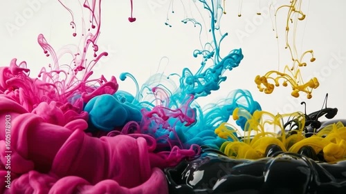 Colorful Ink Drops Mixing in Water Creating Abstract Motion Graphics in CMYK Colors