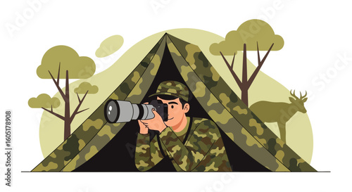 Wildlife Photographer Taking Picture Of Deer From A Camouflage Tent Outdoors
