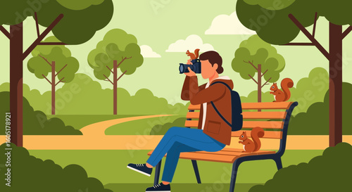 Photographer Capturing Wildlife On Park Bench Surrounded By Verdant Nature