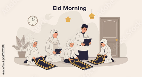 Muslim Family Preparing For Eid Prayers Together At Home In The Morning