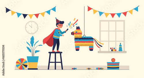 Superhero Boy Celebrating Party Smashing Pinata Having Fun Indoors Flat Illustration