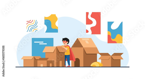 Superhero Moving Boxes In An Abstract World Of Creativity And Imagination