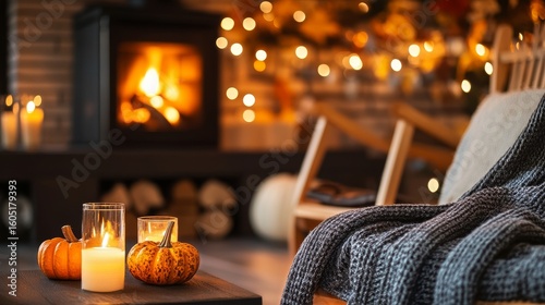 Cozy Autumn Atmosphere With Pumpkins and Candles Near a Fireplace in a Warmly...