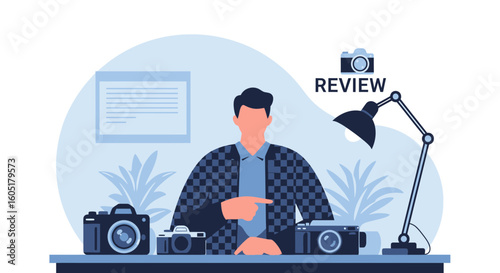 Photographer Giving Review About Vintage Camera Equipment In Minimalist Style