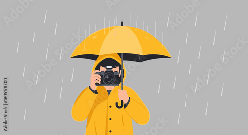 Photographer In Rain Taking Pictures Under Umbrella With Yellow Raincoat