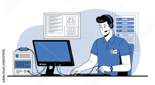 System Administrator Manages Server Data Using Computer And Equipment At Workplace