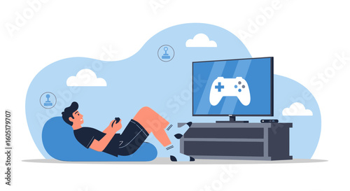 Relaxed Gaming Session Man Immersed In Virtual World At Home On Beanbag