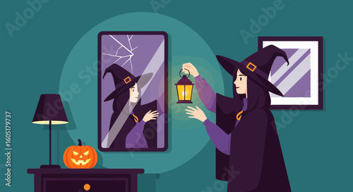 Witch Examining A Broken Mirror Holding A Lantern Near A Halloween Pumpkin