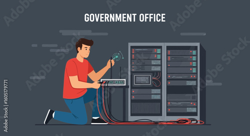 System Administrator Working In Server Room With Servers Equipment