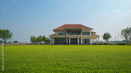 Wallpaper Mural A luxury house stands impressively with green grass fields surrounding it, exuding a welcoming and relaxing vibe. Torontodigital.ca