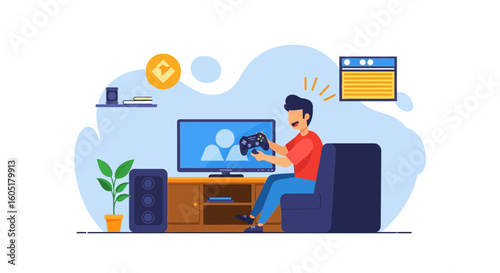 Relaxed Man Enjoys Playing Video Games At Home In His Living Room