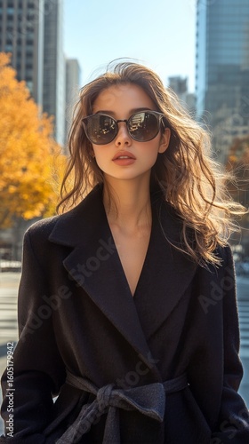 Stylish Model Poses in Urban Setting During Sunny Autumn Afternoon
