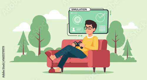 Relaxed Man Playing Video Game Simulation on Sofa In a Calm Environment