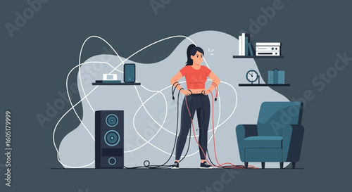 Tangled Mess Of Wires Annoyed Woman Trying To Untangle Tech Accessories At Home
