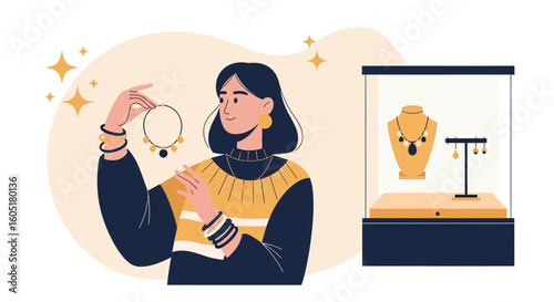 Woman Admires An Elegant Necklace Jewelry Store Rich Collection Display
