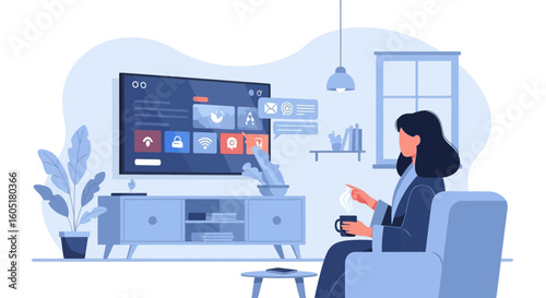 Relaxed Woman Enjoying Smart Television Features In A Modern Living Room Setup
