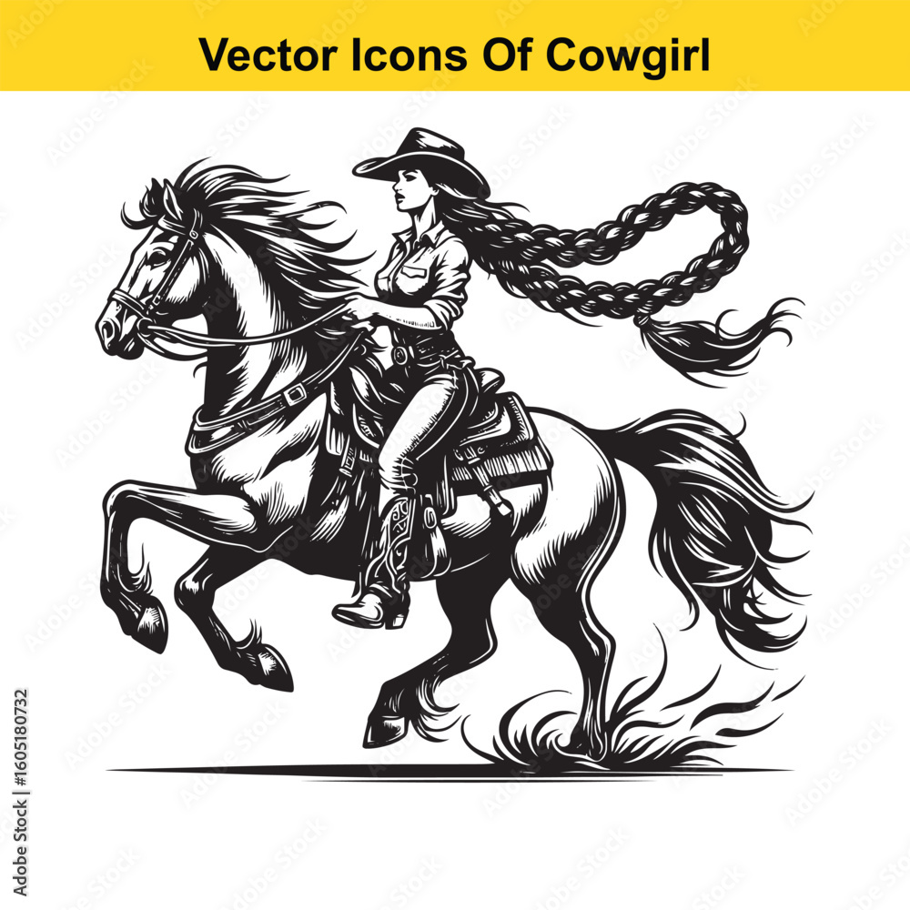 Obraz premium Cowgirl Riding Horse with Braid and Blowing Hat – Western Line Art Vector