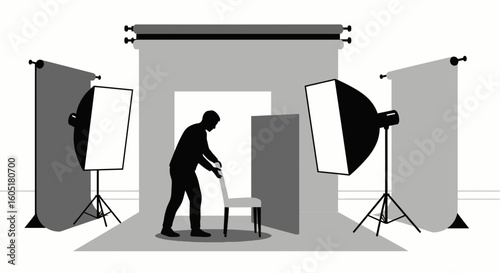 Photographer Silhouette Preparing Photography Studio Equipment For Shooting Session