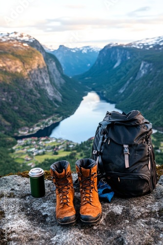Stunning Mountain View at a Norwegian Fjord With Hiking Gear and Relaxation E...