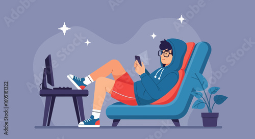 Relaxing At Home Man With Phone And Computer Illustration Design